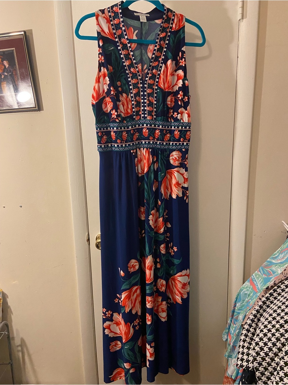 London Times Navy Maxi Dress with Coral Floral Accents